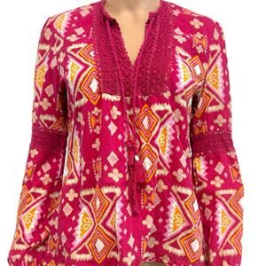 Tory Burch 8 cotton crochet trim geometric print tassel front tie top TLS1 3125